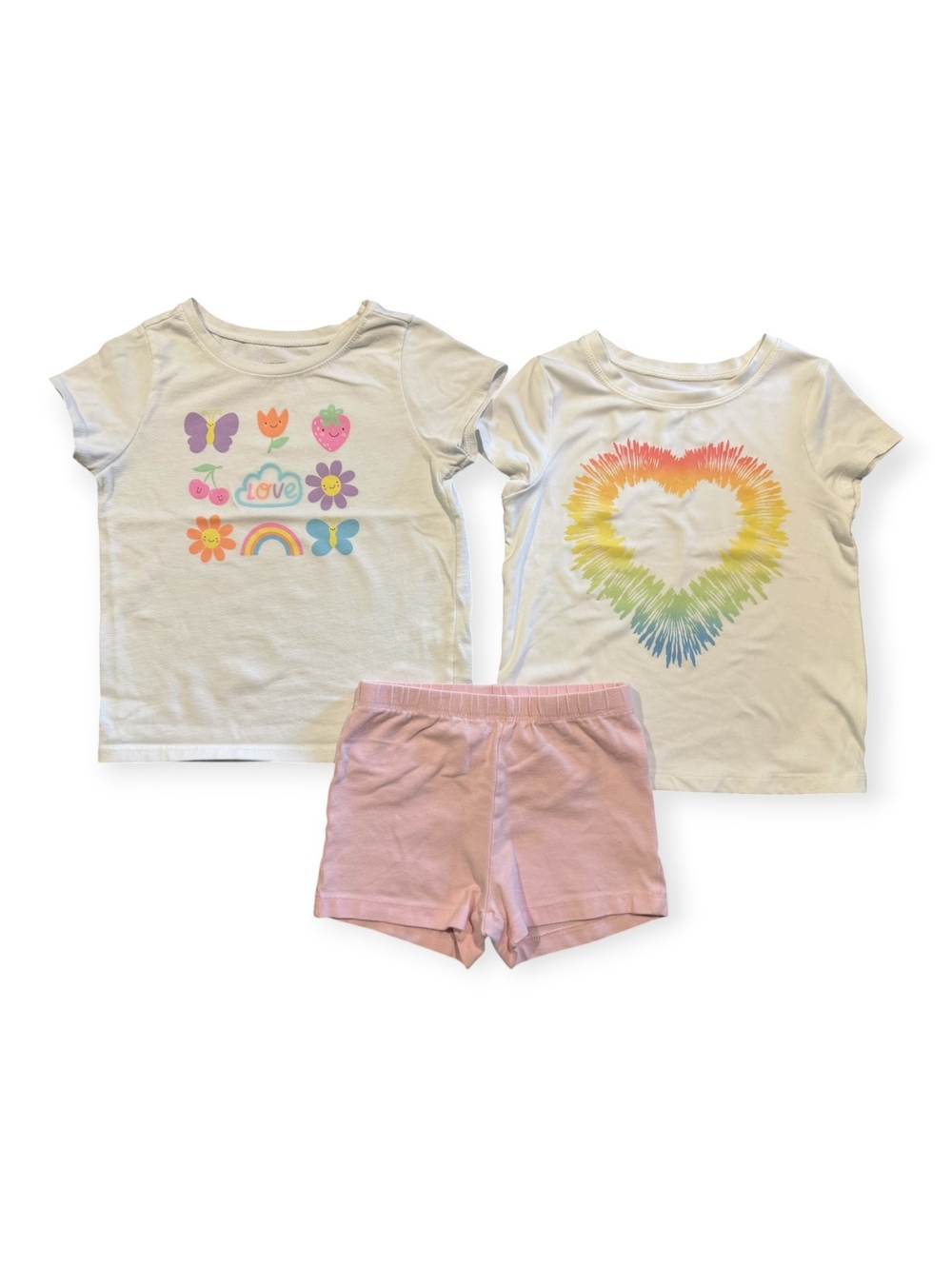 Girls' 3T Summer Outfit Set - 2 White Graphic T-Shirts and Pink Shorts